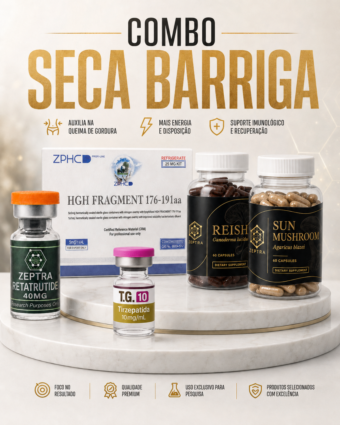 COMBO SECA BARRIGA - 1 AMPOLA DE TG DE 10mg + RETATRUTIDE 40mg ZEPTRA (INCLUIDO AGUA BAC) + HGH FRAG 25mg ZPHC + REISHI 60 caps ZEPTRA + SUN MUSHROOM 60caps ZEPTRA