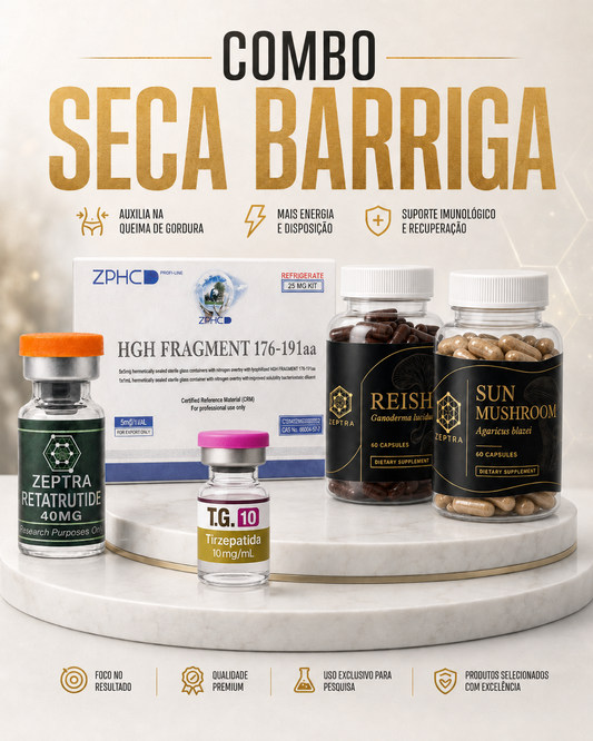 COMBO SECA BARRIGA - 1 AMPOLA DE TG DE 10mg + RETATRUTIDE 40mg ZEPTRA (INCLUIDO AGUA BAC) + HGH FRAG 25mg ZPHC + REISHI 60 caps ZEPTRA  + SUN MUSHROOM 60caps ZEPTRA