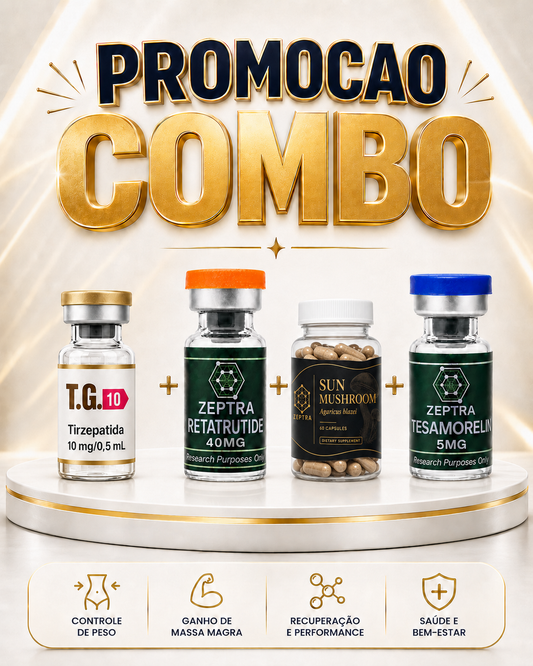 COMBO METABOLICO - 1 AMPOLA DE TG DE 10mg + RETATRUTIDE 40mg ZEPTRA + SUN MUSHROOM 60 caps + TESAMORELIN 5mg ZEPTRA + AGUA BAC